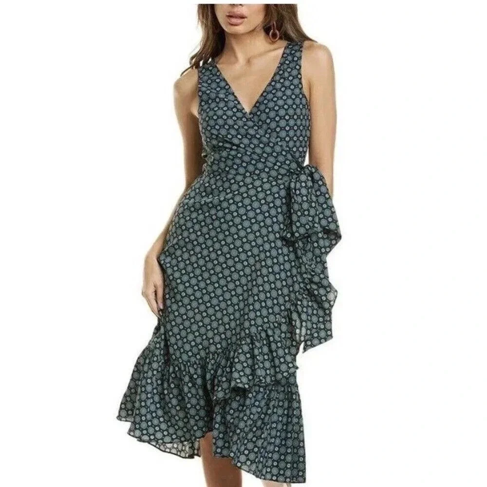Tory Burch Dress Womens 2‎ Ruffle Green Batik Medallion Cottegecore Flowy Wrap